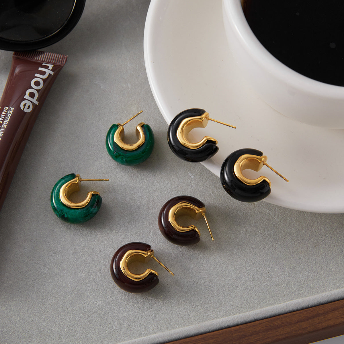 18K Gold Plated Resin Hoop Earrings - Waterproof Minimalist Jewelry