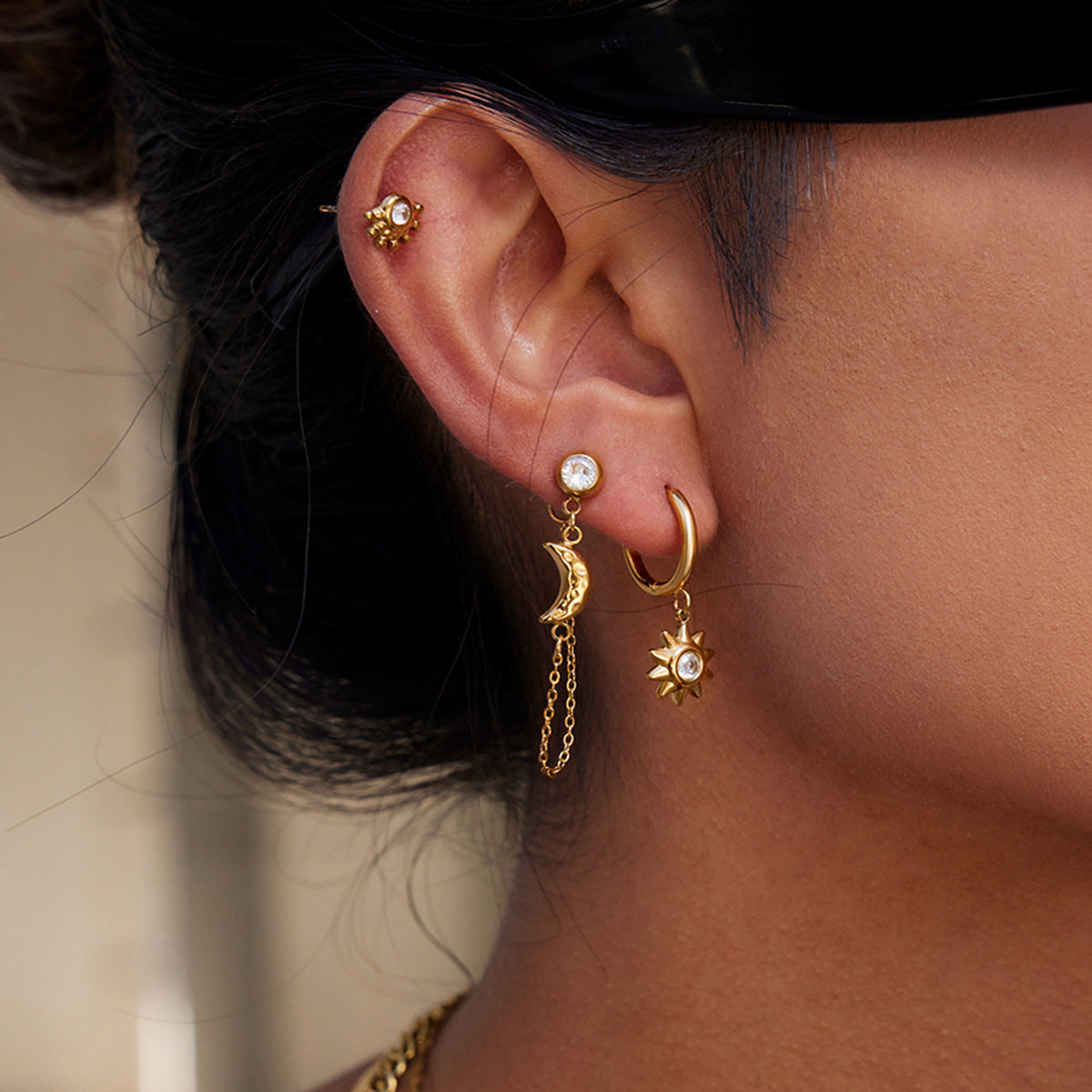 Sun Moon Stud Earring Set 18K Gold - Waterproof Diamond Earrings | Vinajewelry