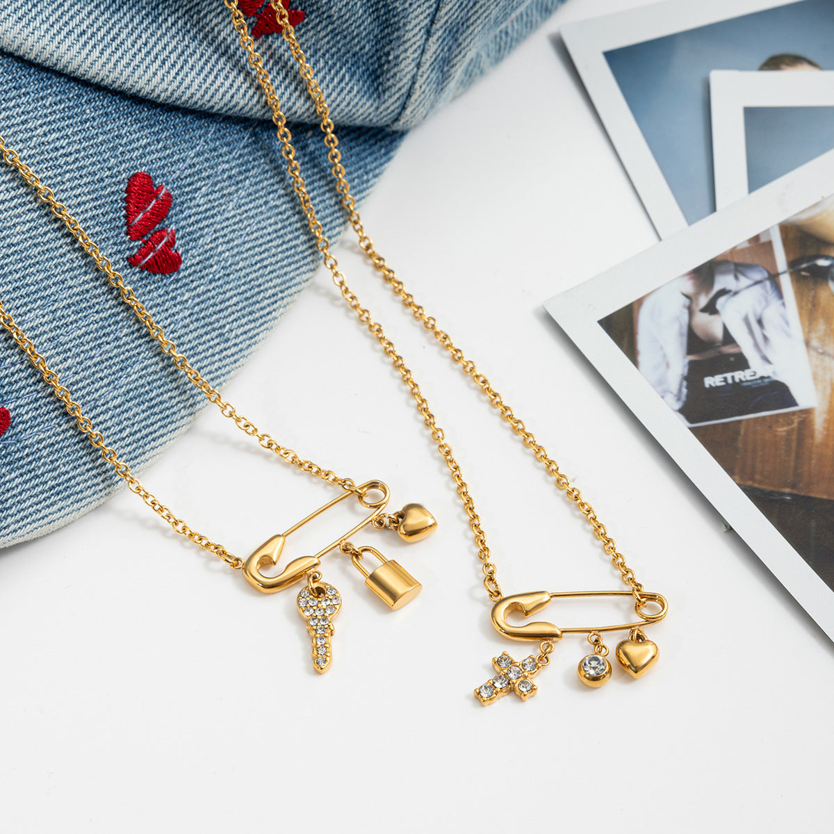 Luxury Diamond Cross Heart Paperclip Pendant Stacked Necklace 18k Gold