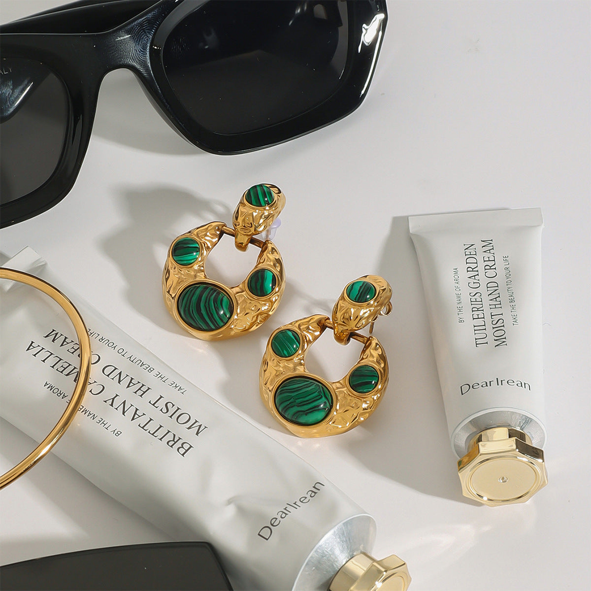 Vintage Malachite Geometric Earrings 18K Gold - Waterproof | Vinajewelry