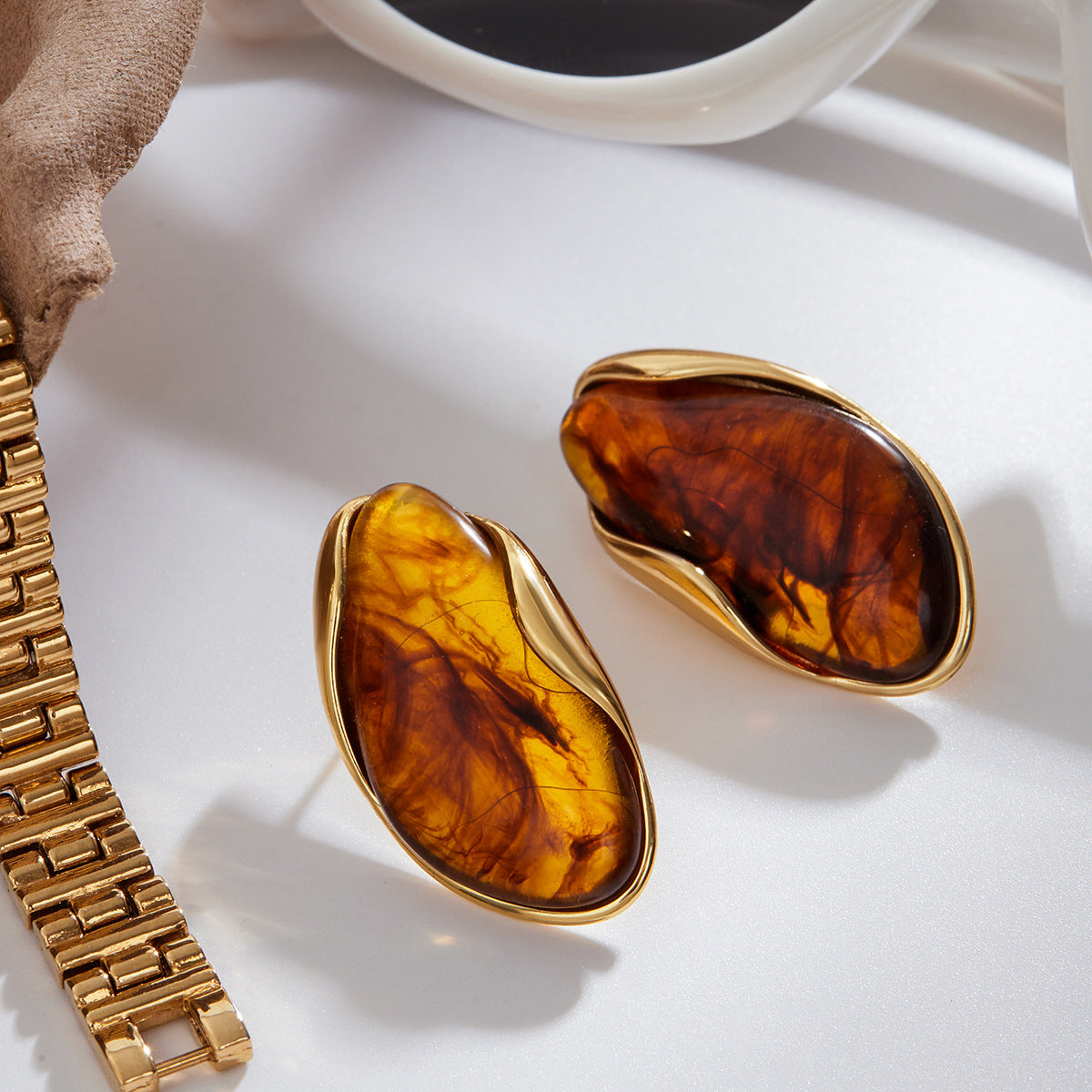 Amber Resin Stud Earrings 18K Gold Plated - Geometric Minimalist Jewelry