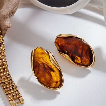 Amber Resin Stud Earrings 18K Gold Plated - Geometric Minimalist Jewelry