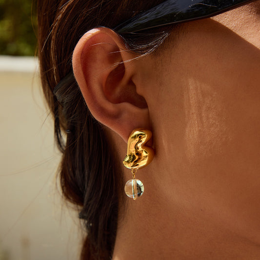 Minimalist geometric glass pendant 18K gold earrings