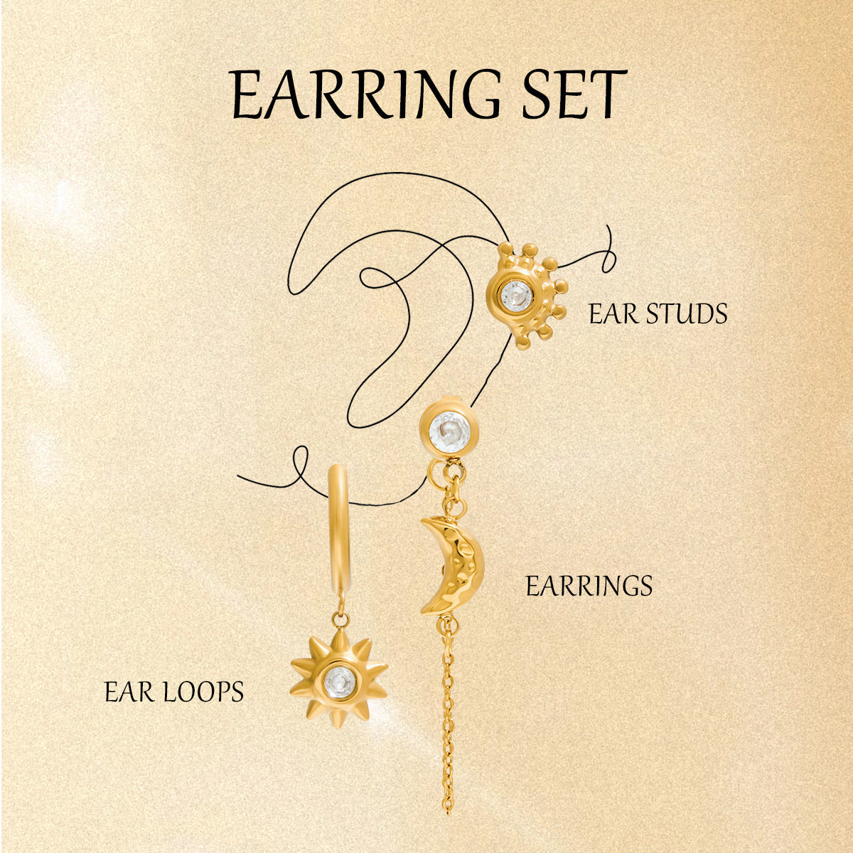 Sun Moon Stud Earring Set 18K Gold - Waterproof Diamond Earrings | Vinajewelry