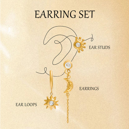 Sun Moon Stud Earring Set 18K Gold - Waterproof Diamond Earrings | Vinajewelry