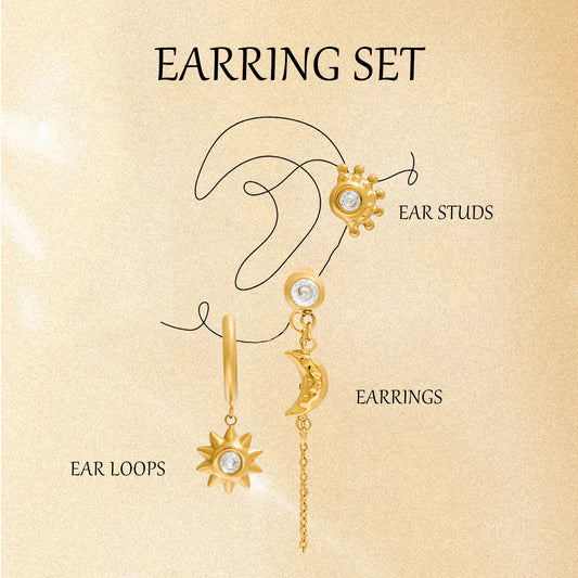 Sun Moon Stud Earring Set 18K Gold - Waterproof Diamond Earrings | Vinajewelry