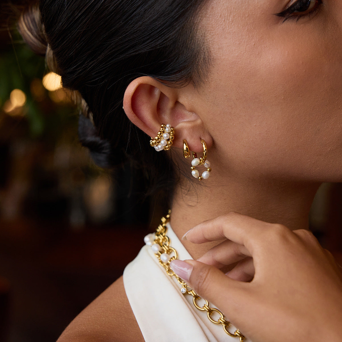 Pearl Beaded Pendant Gold Earrings - High Quality 18K Gold Plated