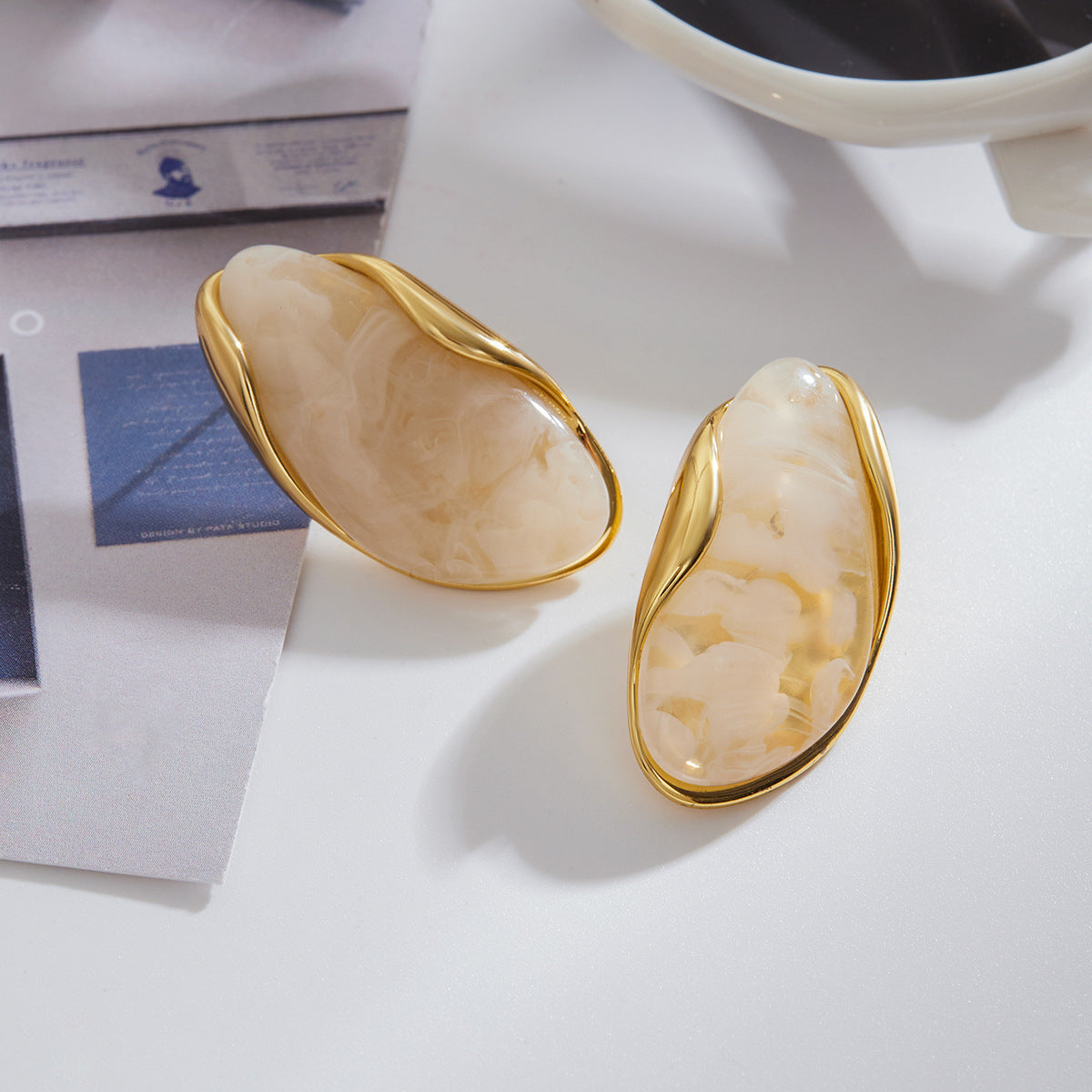 Amber Resin Stud Earrings 18K Gold Plated - Geometric Minimalist Jewelry