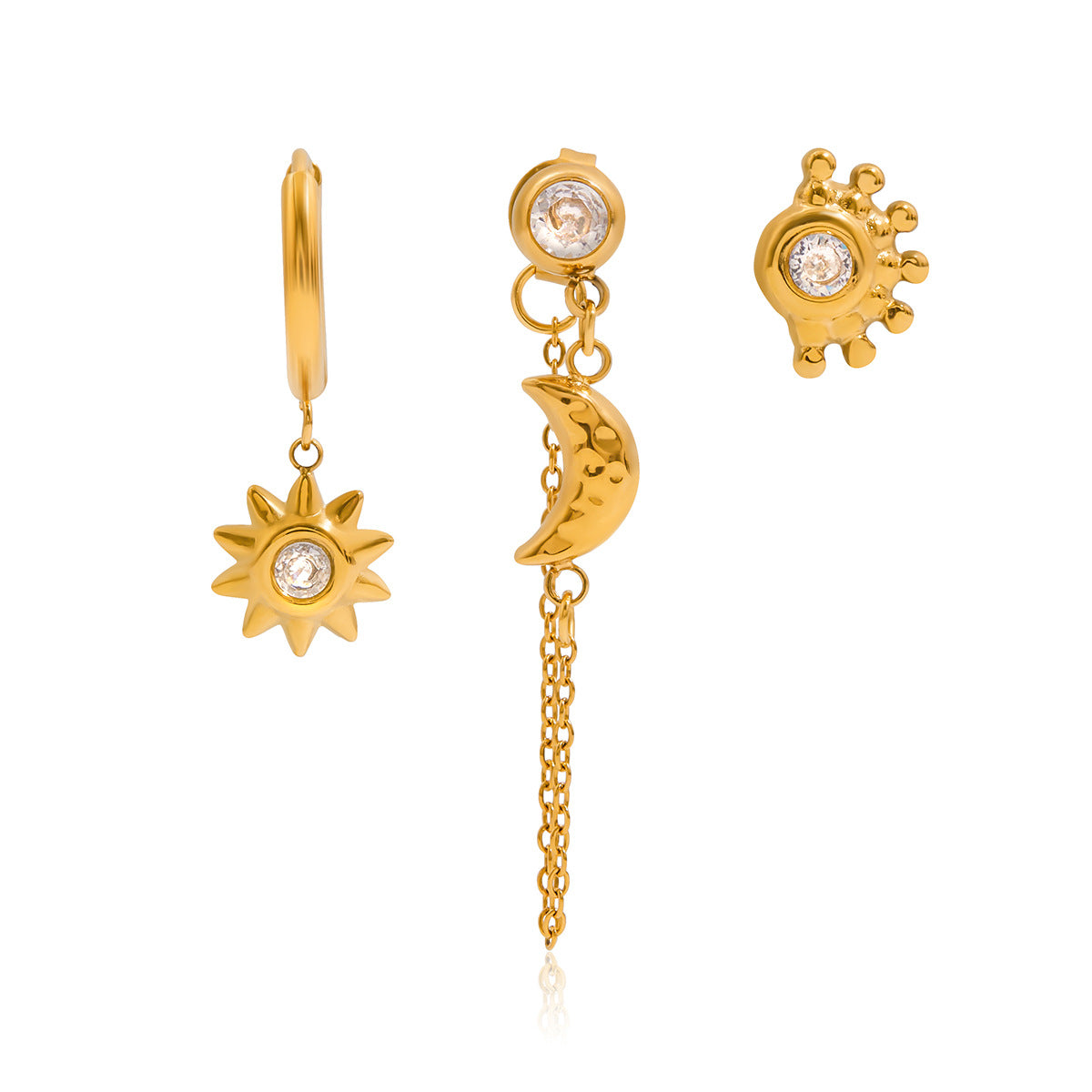 Sun Moon Stud Earring Set 18K Gold - Waterproof Diamond Earrings | Vinajewelry
