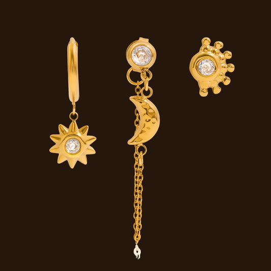 Sun Moon Stud Earring Set 18K Gold - Waterproof Diamond Earrings | Vinajewelry