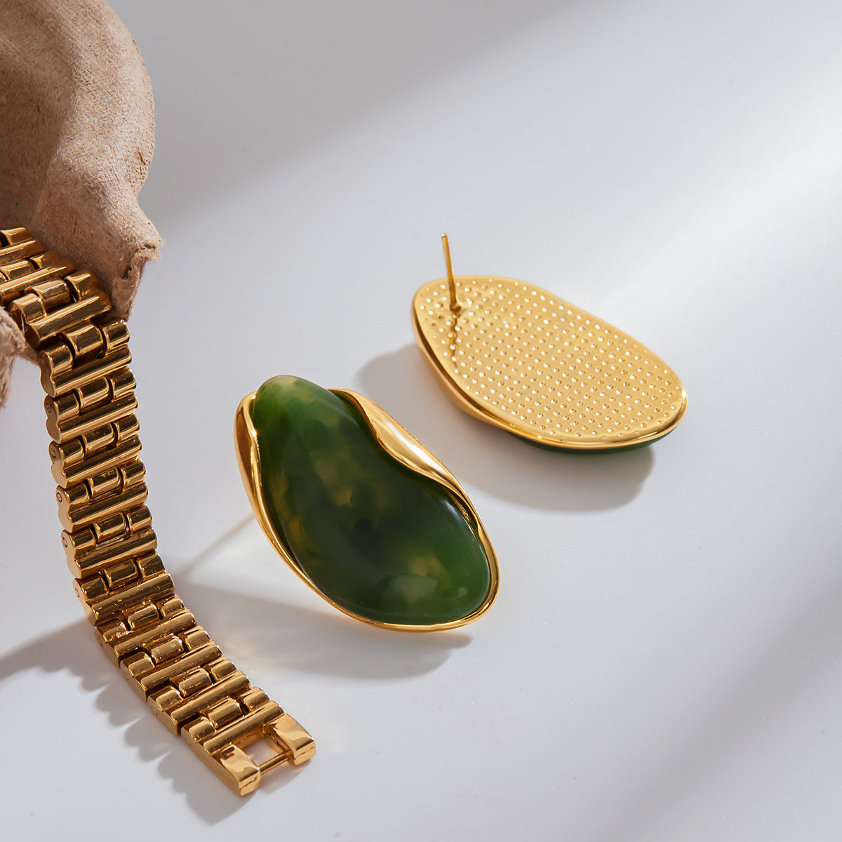 Amber Resin Stud Earrings 18K Gold Plated - Geometric Minimalist Jewelry