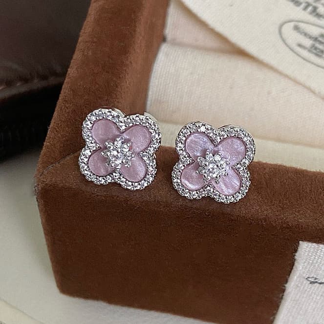 Luxury diamond four-leaf clover stud earrings with 18k gold