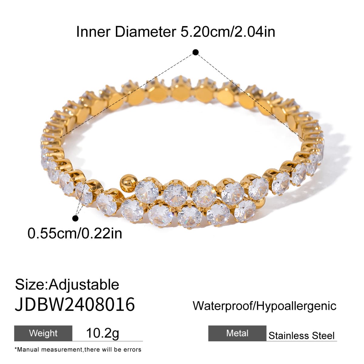 Luxurious 18K Gold Open Adjustable Diamonds Bracelet