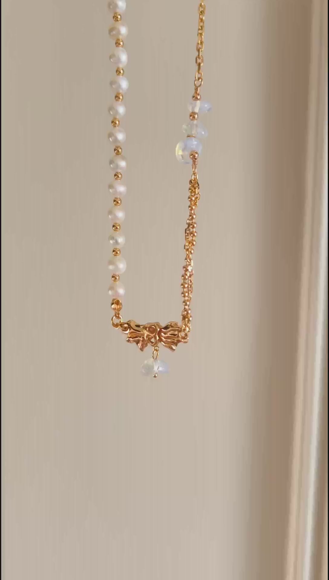 Natural Pearl Moonstone Bow Necklace - 18K Gold Plated Adjustable | Vinajewelry