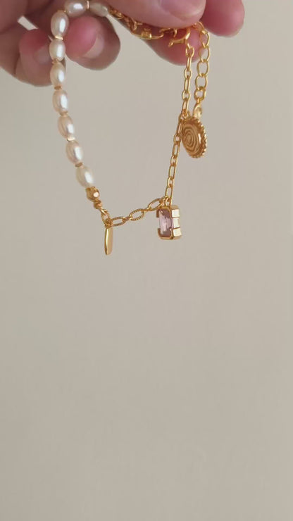 Natural Pearl Zircon Bracelet - 18K Gold Plated Sterling Silver | Vinajewelry