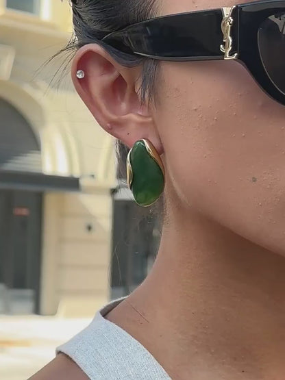 Amber Resin Stud Earrings 18K Gold Plated - Geometric Minimalist Jewelry