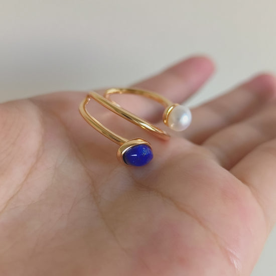Lapis Lazuli Pearl Open Ring - 18K Gold Plated Sterling Silver Adjustable | Vinajewelry