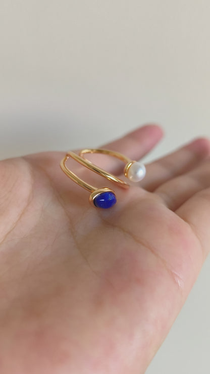 Lapis Lazuli Pearl Open Ring - 18K Gold Plated Sterling Silver Adjustable | Vinajewelry