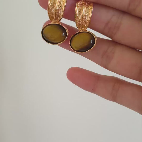 Natural Tiger's Eye Pendant Earrings - 18K Gold Plated Sterling Silver | Vinajewelry