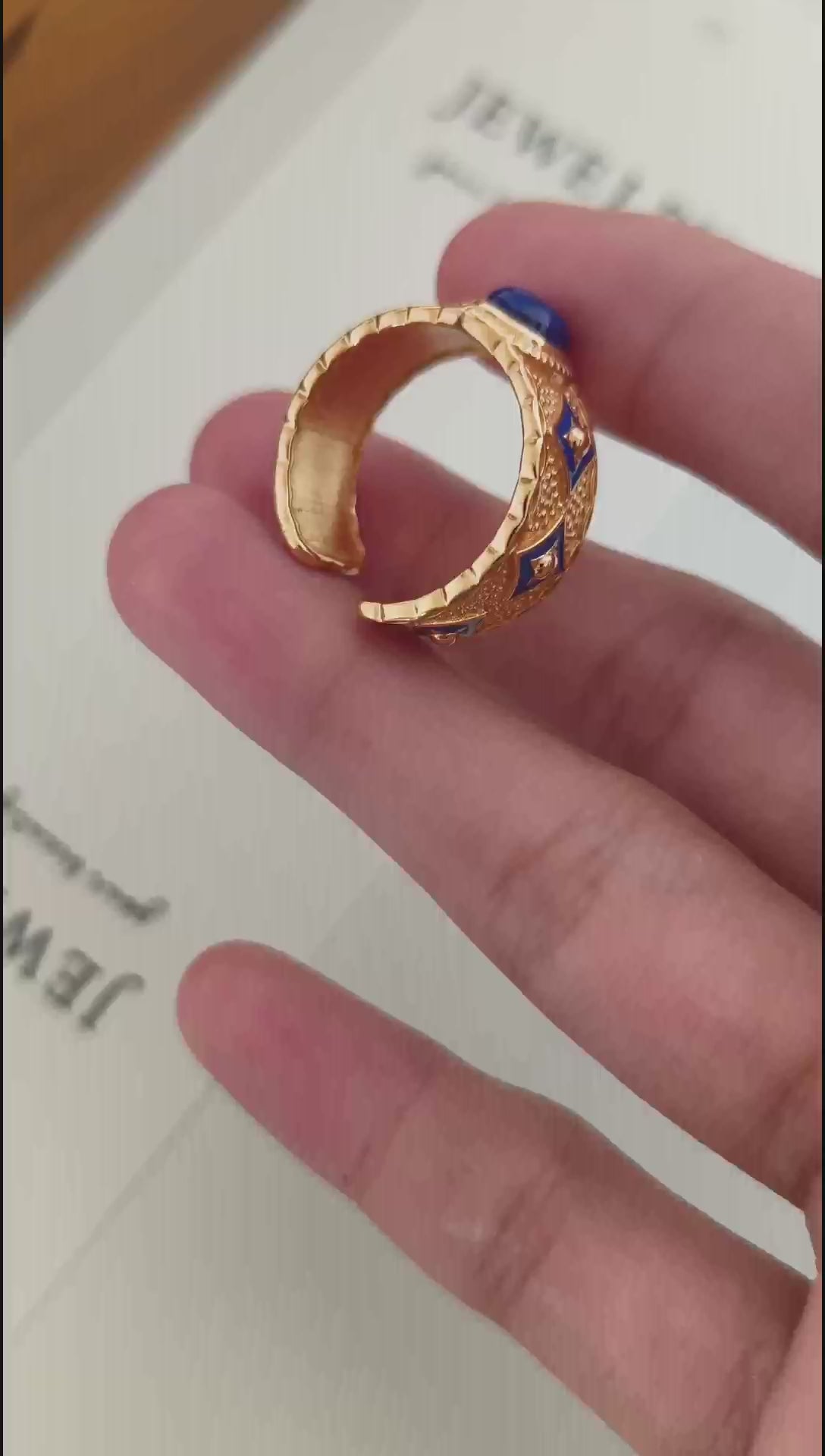 Vintage Lapis Lazuli Open Ring - 18K Gold Plated Sterling Silver Adjustable | Vinajewelry